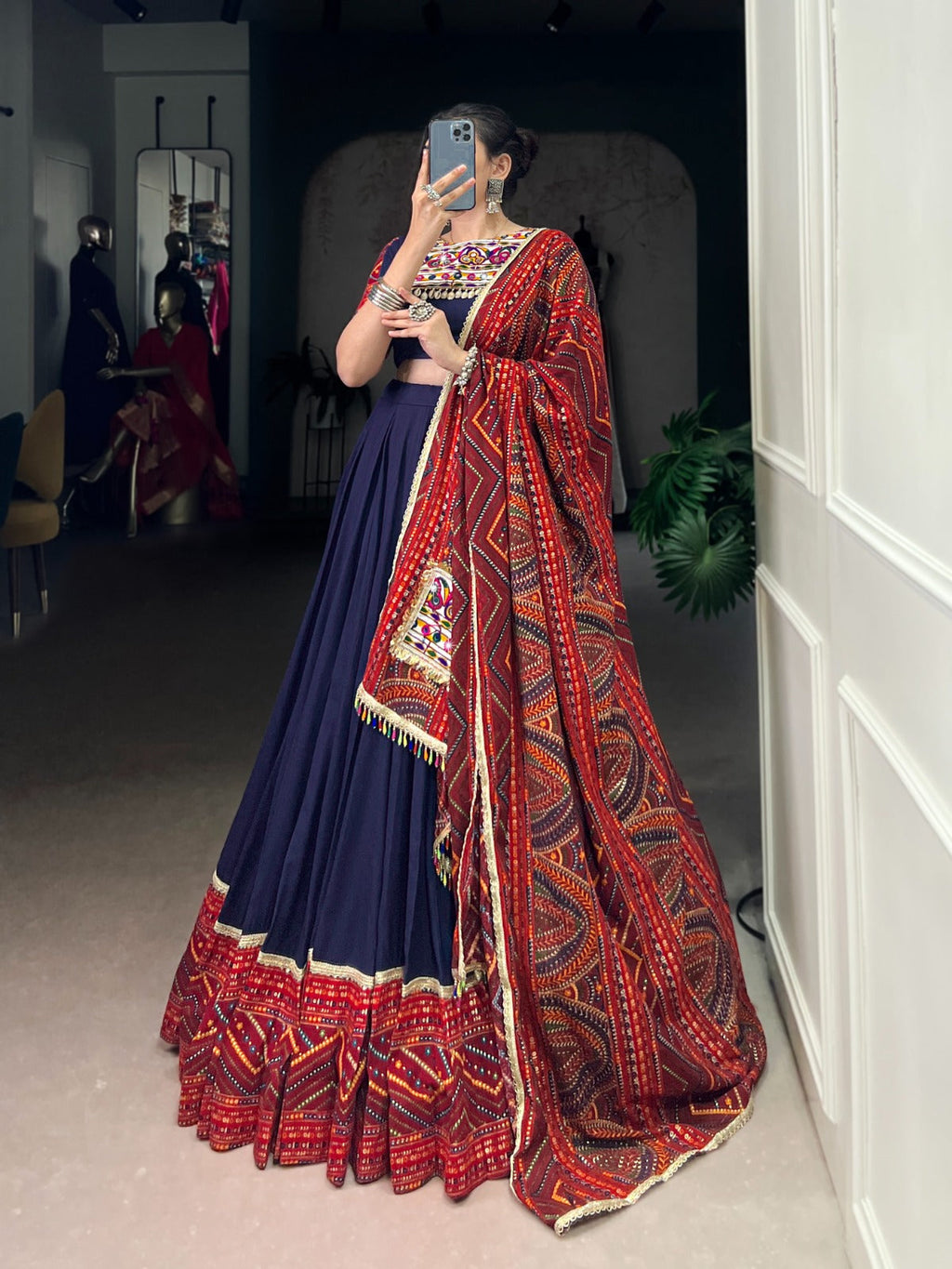 Lorenvalley Fashion Navyblue Pure Rayon Bandhej Print and Foil Work with Lace Touch Up Lehenga Choli with Dupatta | Grocsy