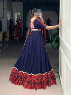 Lorenvalley Fashion Navyblue Pure Rayon Bandhej Print and Foil Work with Lace Touch Up Lehenga Choli with Dupatta | Grocsy