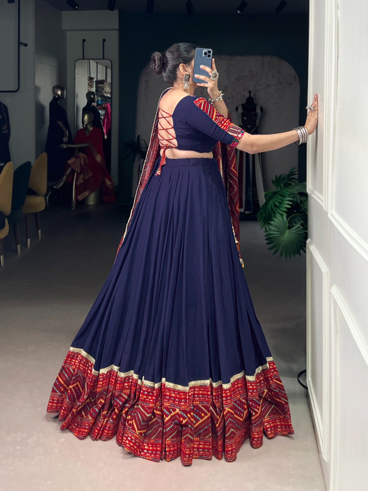Lorenvalley Fashion Navyblue Pure Rayon Bandhej Print and Foil Work with Lace Touch Up Lehenga Choli with Dupatta | Grocsy