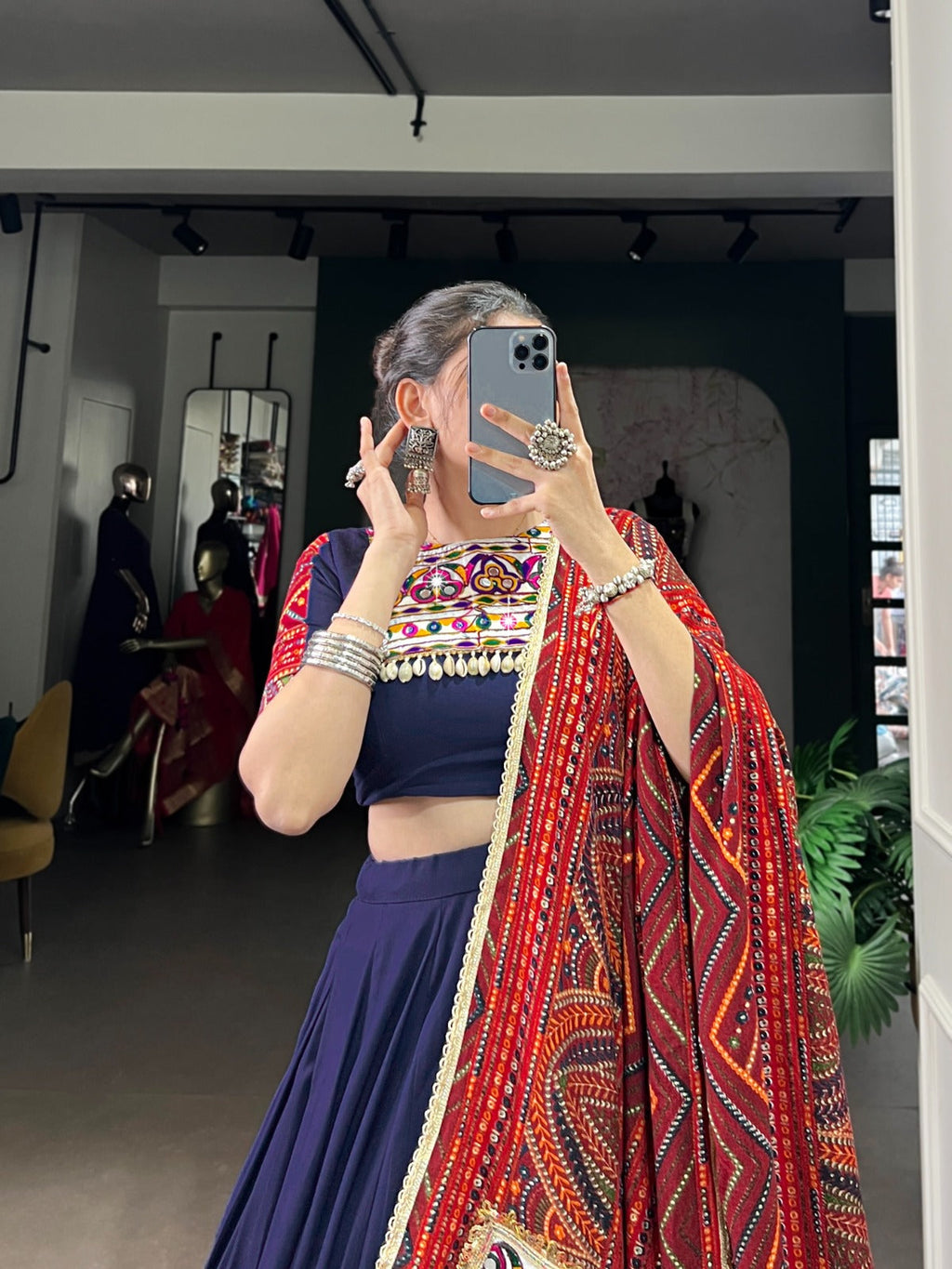 Lorenvalley Fashion Navyblue Pure Rayon Bandhej Print and Foil Work with Lace Touch Up Lehenga Choli with Dupatta | Grocsy