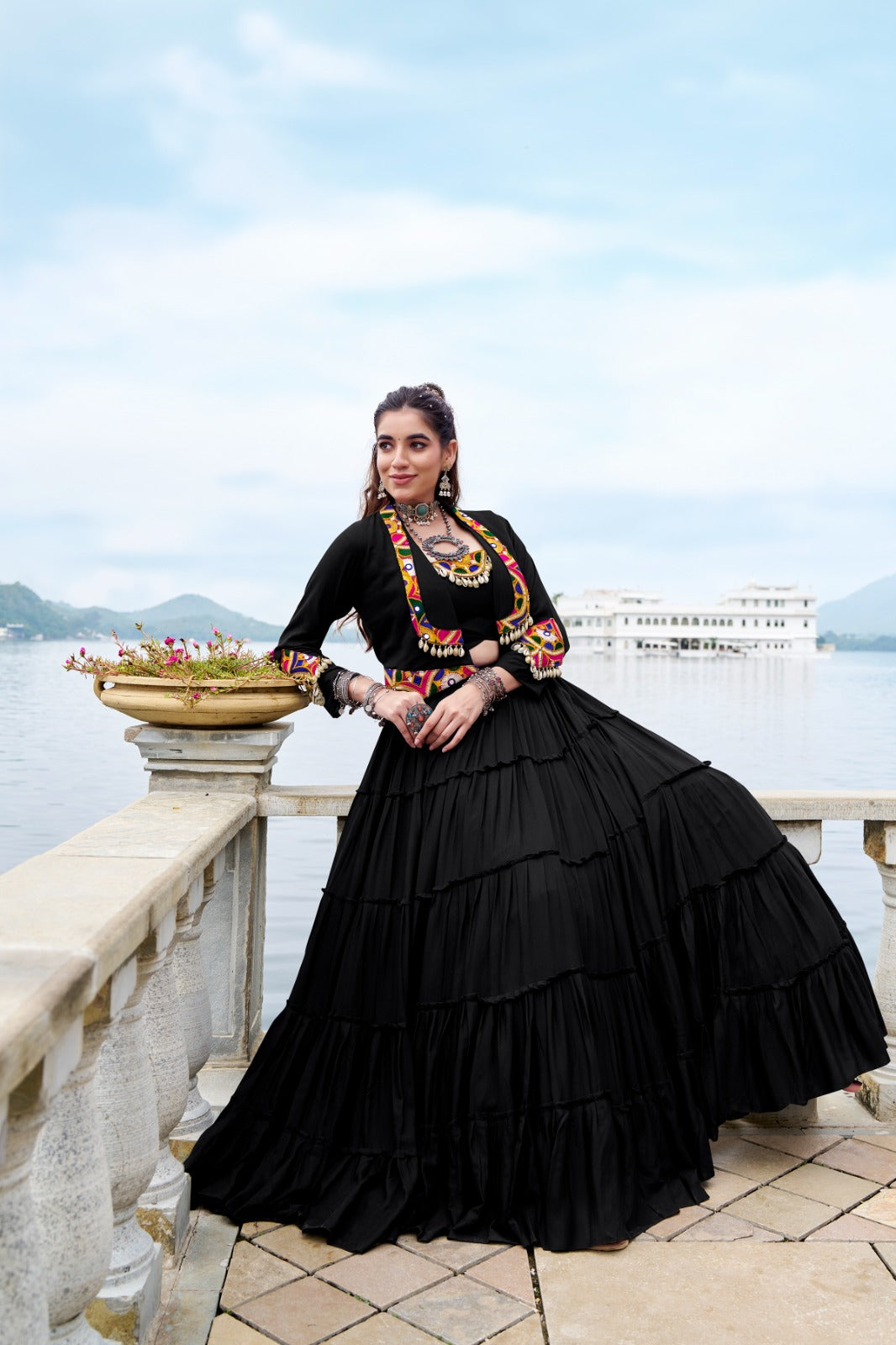 Lorenvalley Fashion Black Pure Rayon Plain Frill Lehenga Choli with Koti | Grocsy