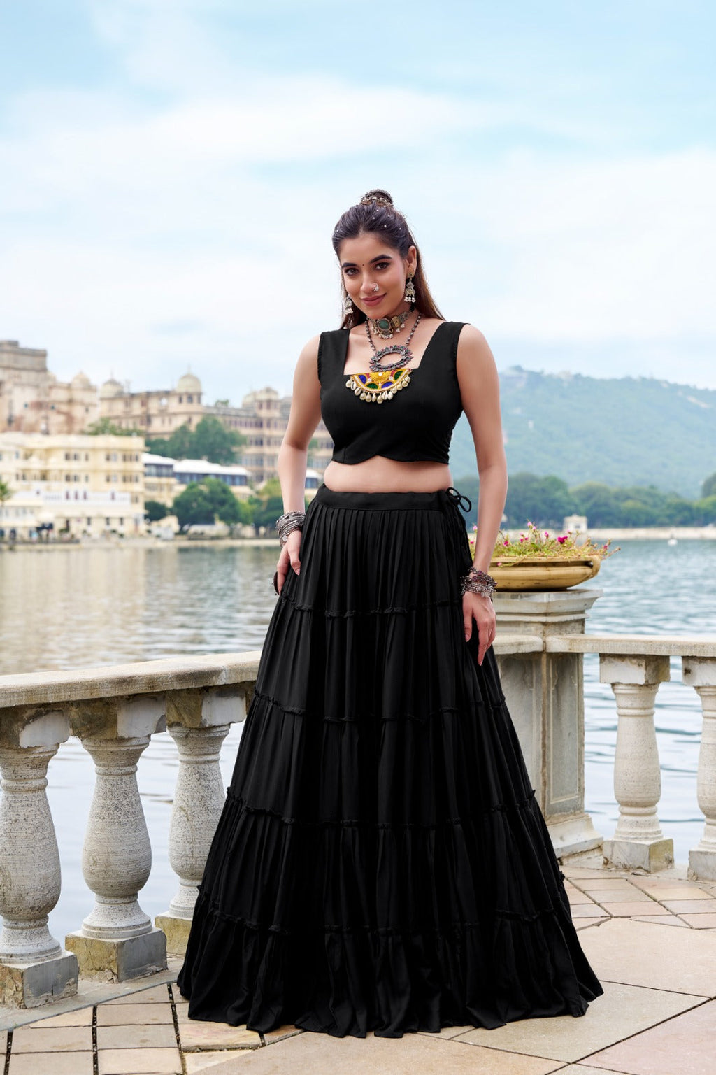 Lorenvalley Fashion Black Pure Rayon Plain Frill Lehenga Choli with Koti | Grocsy