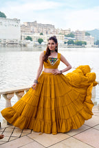 Lorenvalley Fashion Mustard Pure Rayon Plain Frill Lehenga Choli with Koti | Grocsy