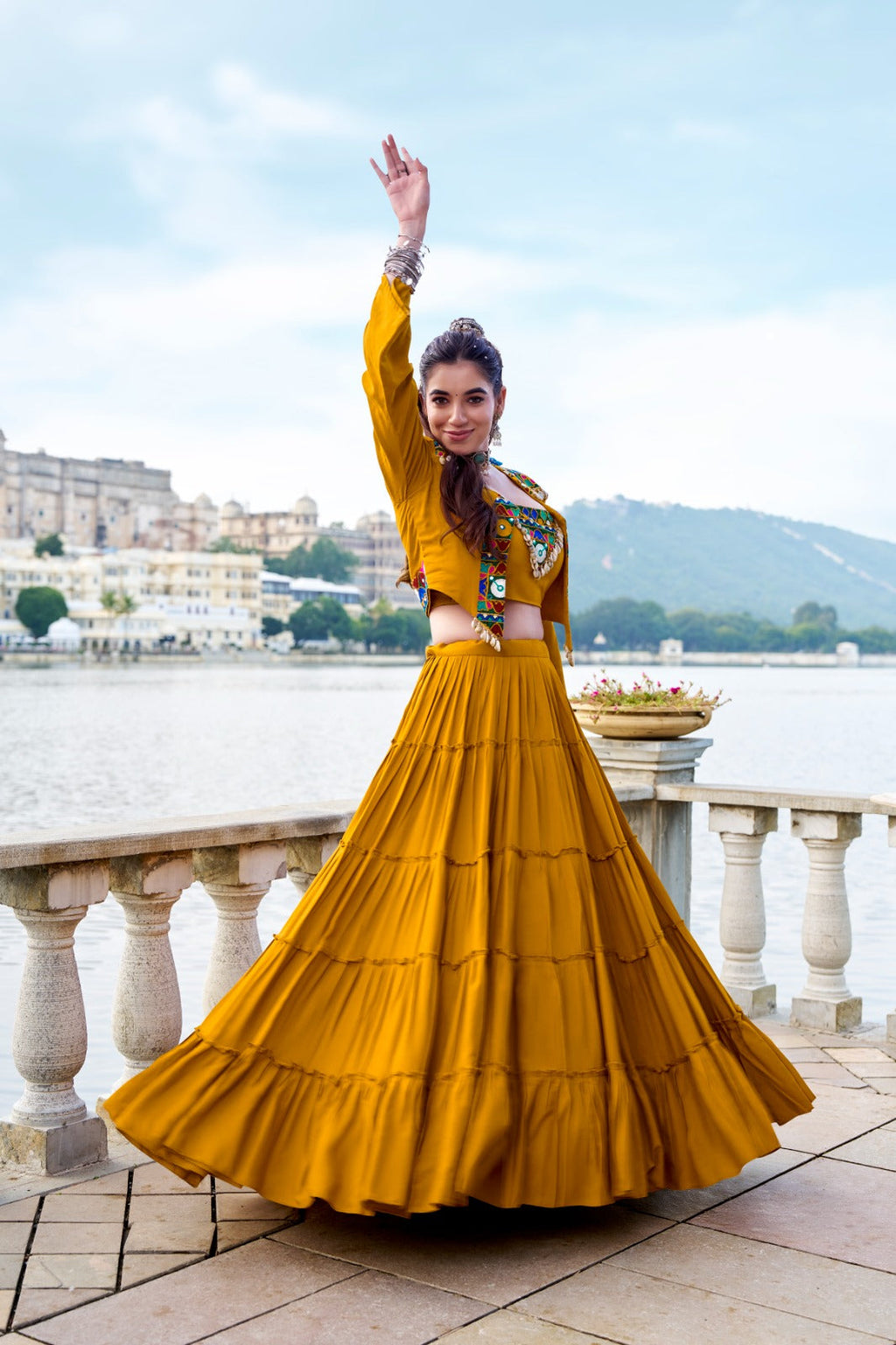 Lorenvalley Fashion Mustard Pure Rayon Plain Frill Lehenga Choli with Koti | Grocsy