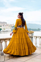 Lorenvalley Fashion Mustard Pure Rayon Plain Frill Lehenga Choli with Koti | Grocsy