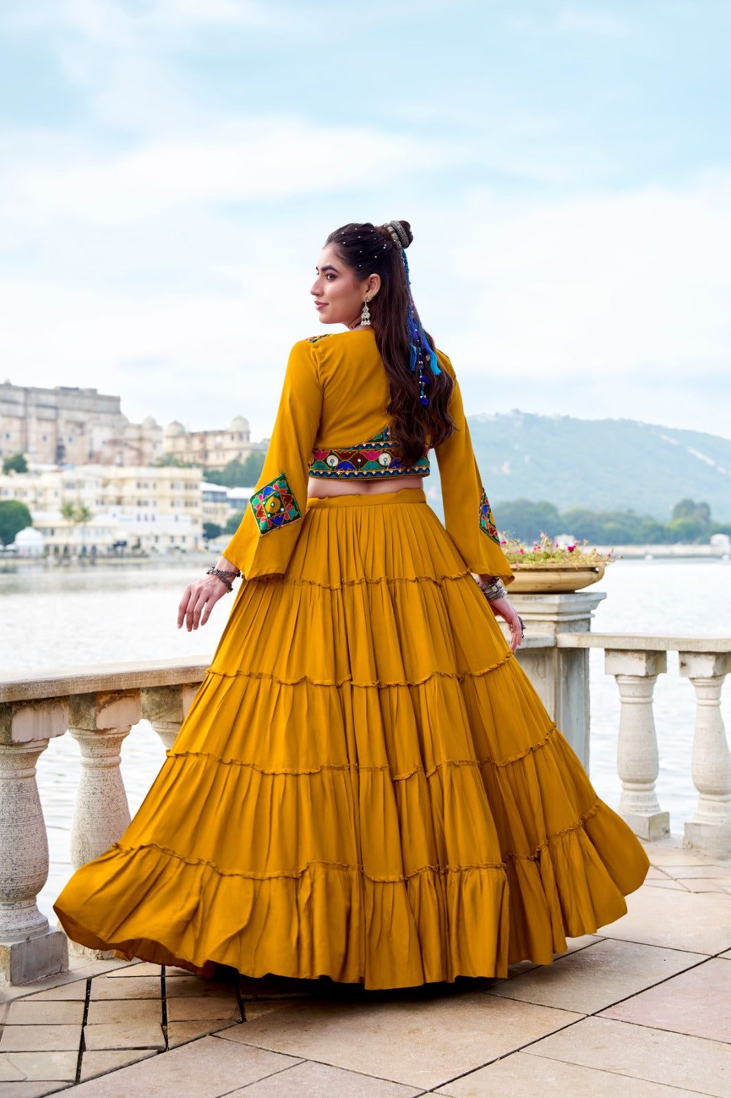 Lorenvalley Fashion Mustard Pure Rayon Plain Frill Lehenga Choli with Koti | Grocsy
