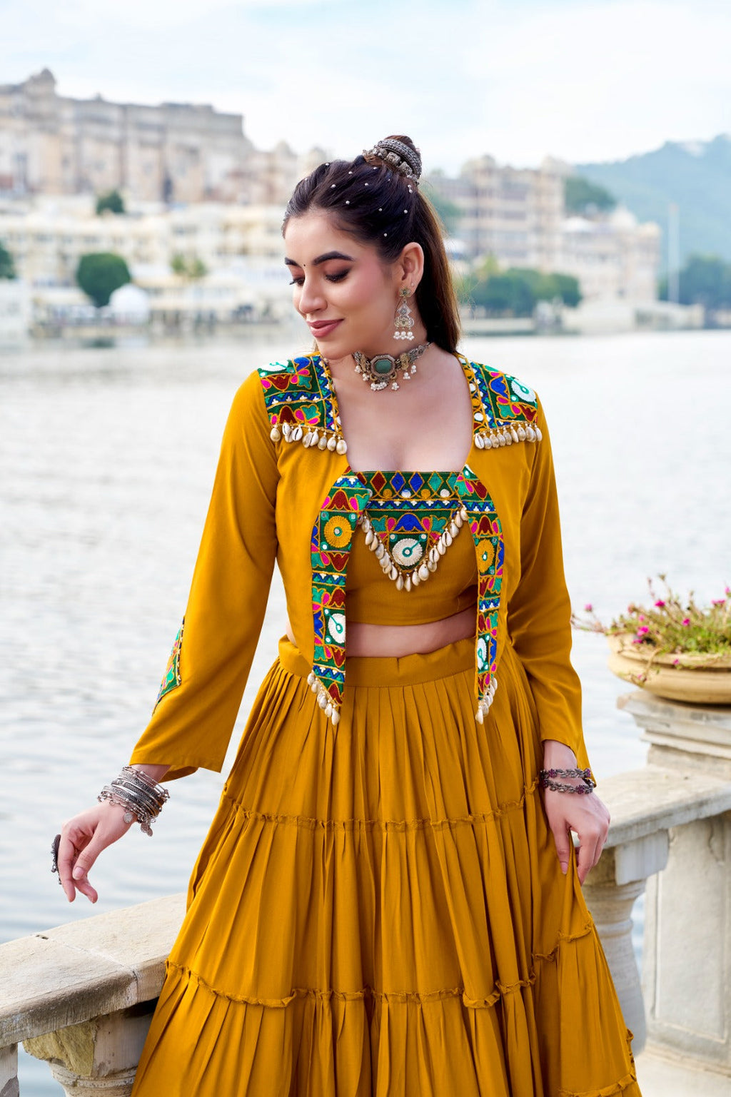 Lorenvalley Fashion Mustard Pure Rayon Plain Frill Lehenga Choli with Koti | Grocsy