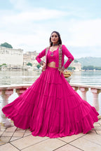 Lorenvalley Fashion Pink Pure Rayon Plain Frill Lehenga Choli with Koti | Grocsy