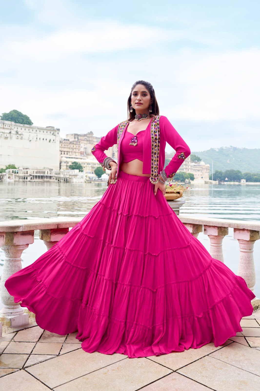 Lorenvalley Fashion Pink Pure Rayon Plain Frill Lehenga Choli with Koti | Grocsy