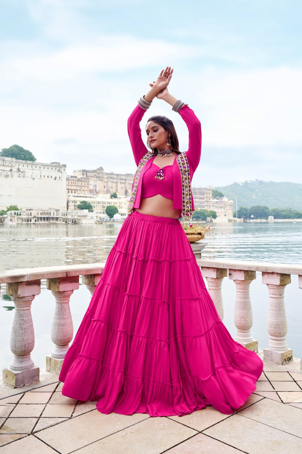 Lorenvalley Fashion Pink Pure Rayon Plain Frill Lehenga Choli with Koti | Grocsy