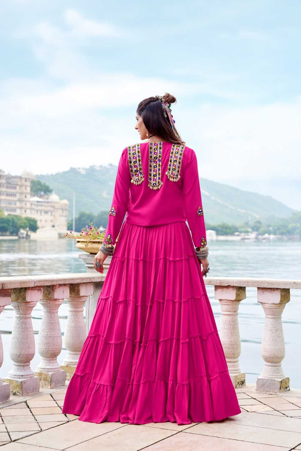 Lorenvalley Fashion Pink Pure Rayon Plain Frill Lehenga Choli with Koti | Grocsy