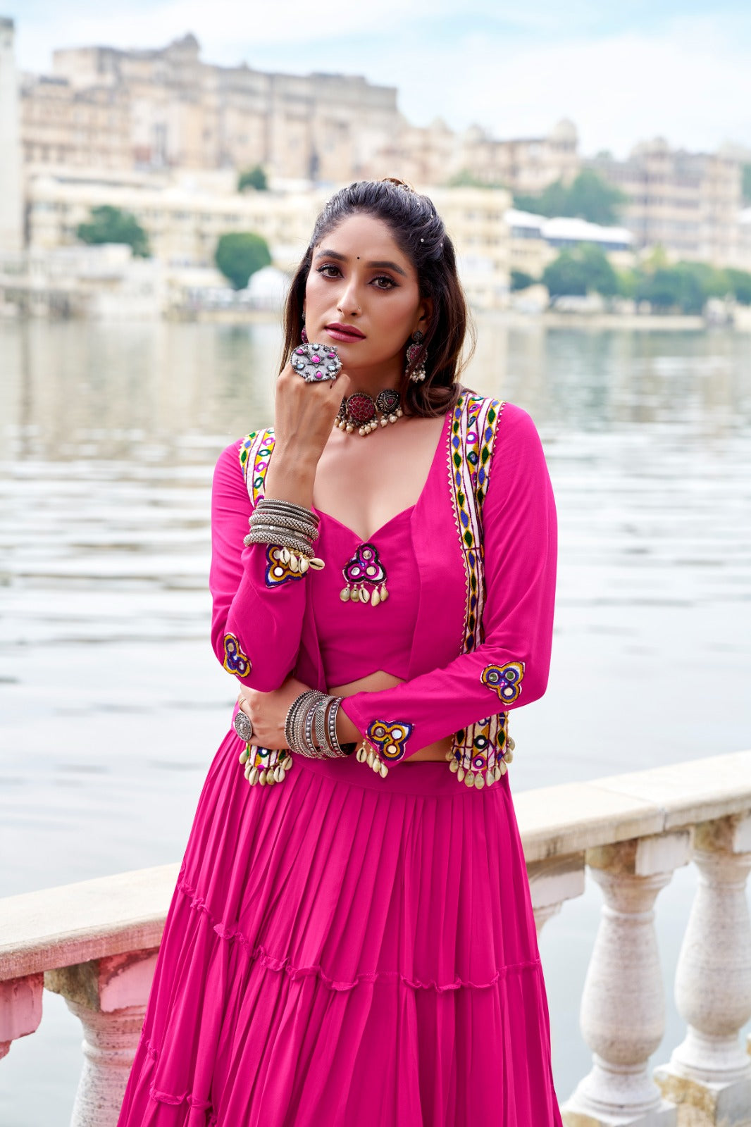Lorenvalley Fashion Pink Pure Rayon Plain Frill Lehenga Choli with Koti | Grocsy