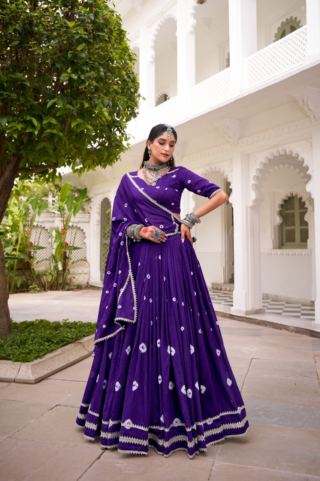 Lorenvalley Fashion Purple Pure Chanderi Bandhej Print With Lace Touch Up Lehenga Choli with Dupatta | Grocsy