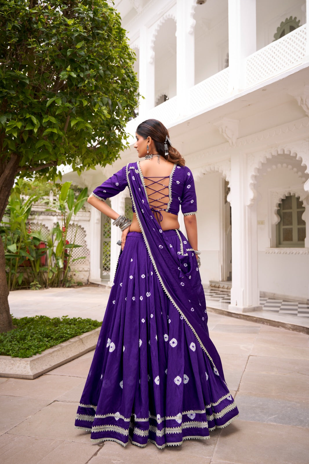 Lorenvalley Fashion Purple Pure Chanderi Bandhej Print With Lace Touch Up Lehenga Choli with Dupatta | Grocsy