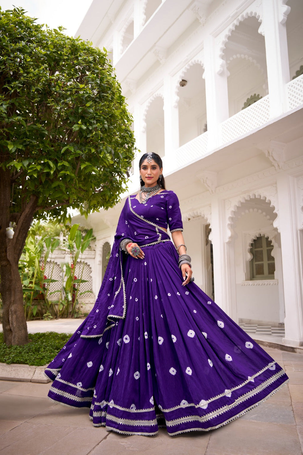 Lorenvalley Fashion Purple Pure Chanderi Bandhej Print With Lace Touch Up Lehenga Choli with Dupatta | Grocsy