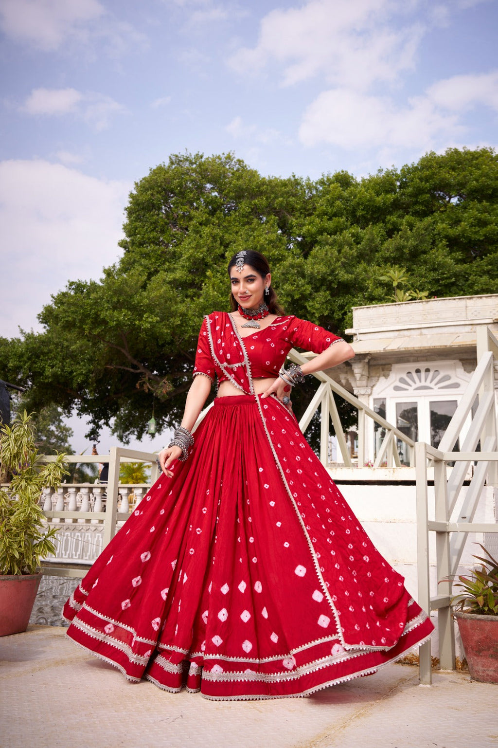 Lorenvalley Fashion Red Pure Chanderi Bandhej Print With Lace Touch Up Lehenga Choli with Dupatta | Grocsy