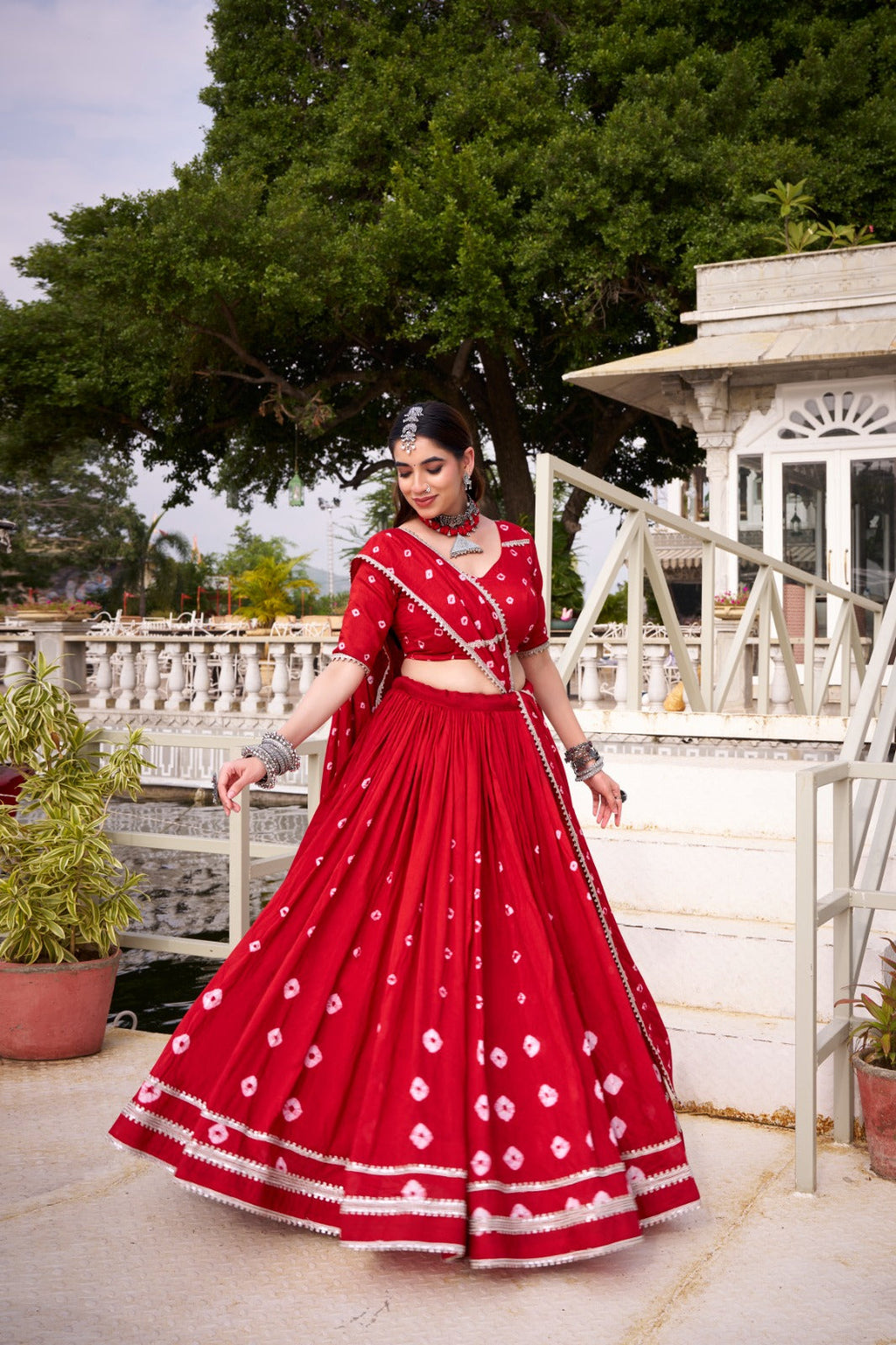 Lorenvalley Fashion Red Pure Chanderi Bandhej Print With Lace Touch Up Lehenga Choli with Dupatta | Grocsy
