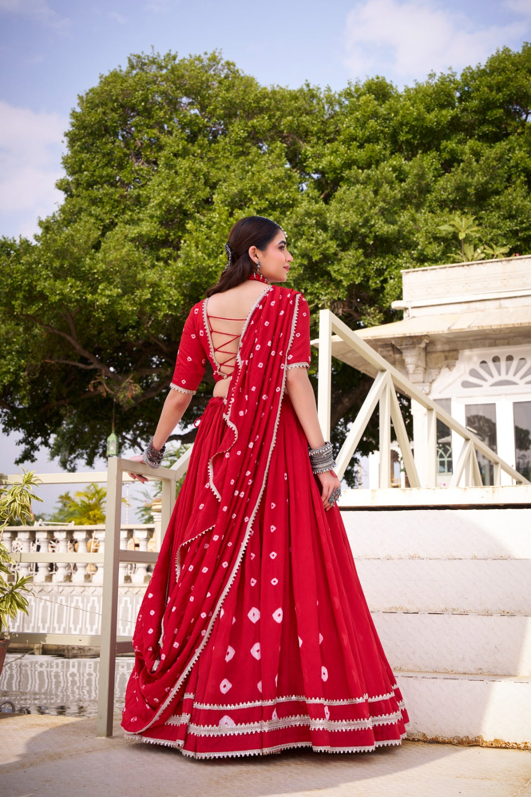 Lorenvalley Fashion Red Pure Chanderi Bandhej Print With Lace Touch Up Lehenga Choli with Dupatta | Grocsy