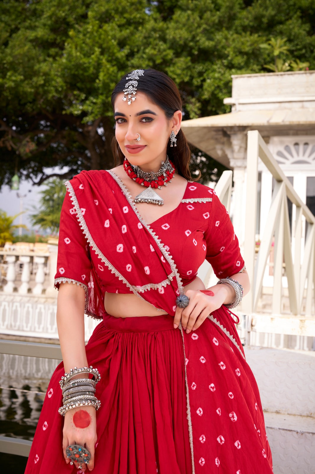 Lorenvalley Fashion Red Pure Chanderi Bandhej Print With Lace Touch Up Lehenga Choli with Dupatta | Grocsy