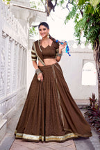 Lorenvalley Fashion Brown Pure Chanderi Zari Weaving Work With Embossed Design Lace Touch Up Lehenga Choli with Dupatta | Grocsy
