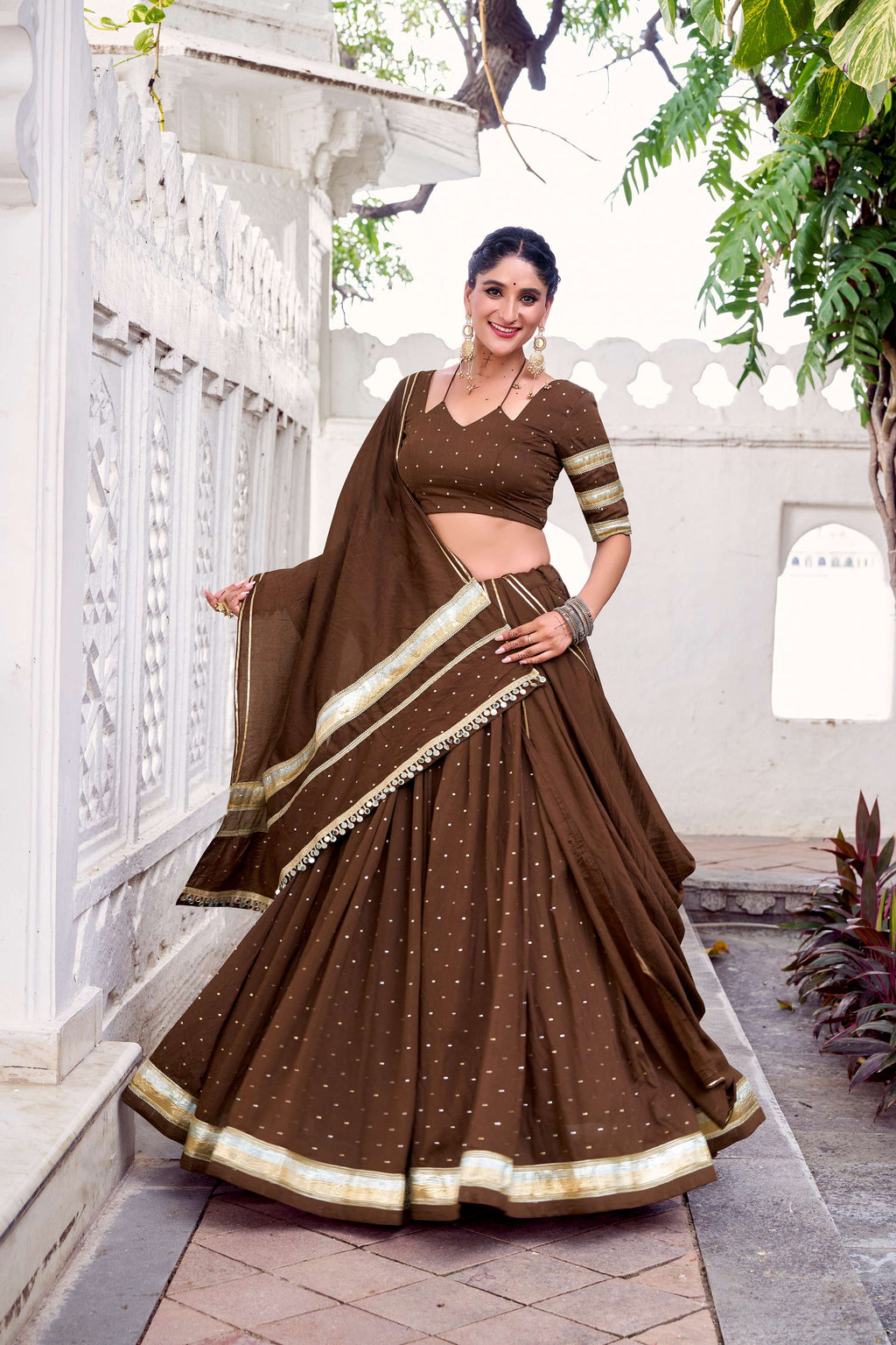 Lorenvalley Fashion Brown Pure Chanderi Zari Weaving Work With Embossed Design Lace Touch Up Lehenga Choli with Dupatta | Grocsy