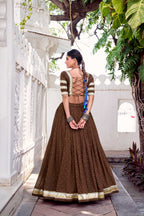 Lorenvalley Fashion Brown Pure Chanderi Zari Weaving Work With Embossed Design Lace Touch Up Lehenga Choli with Dupatta | Grocsy