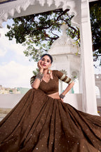 Lorenvalley Fashion Brown Pure Chanderi Zari Weaving Work With Embossed Design Lace Touch Up Lehenga Choli with Dupatta | Grocsy