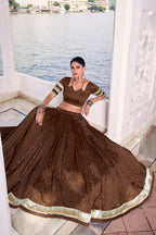 Lorenvalley Fashion Brown Pure Chanderi Zari Weaving Work With Embossed Design Lace Touch Up Lehenga Choli with Dupatta | Grocsy