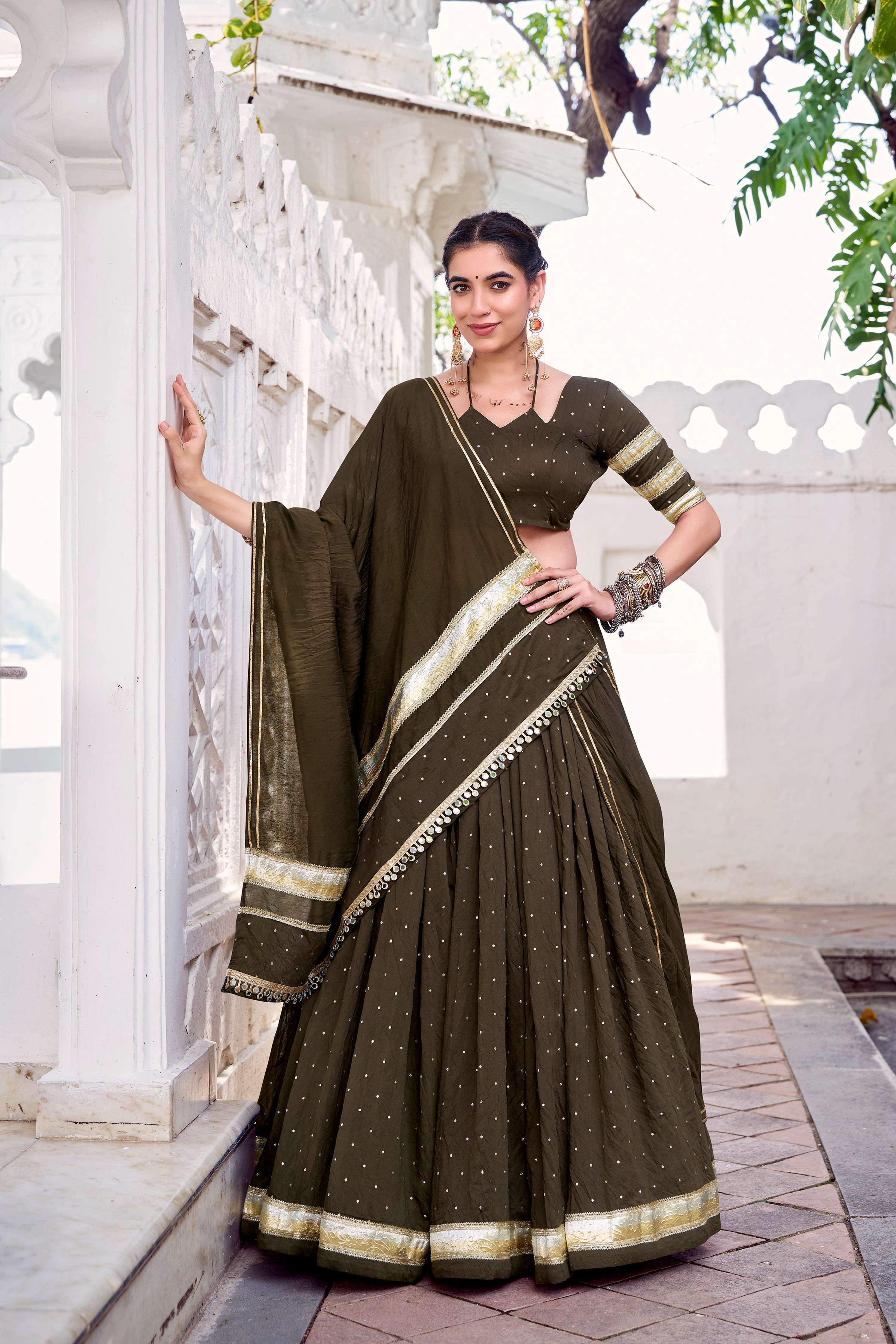 Lorenvalley Fashion Mahendi Pure Chanderi Zari Weaving Work With Embossed Design Lace Touch Up Lehenga Choli with Dupatta | Grocsy