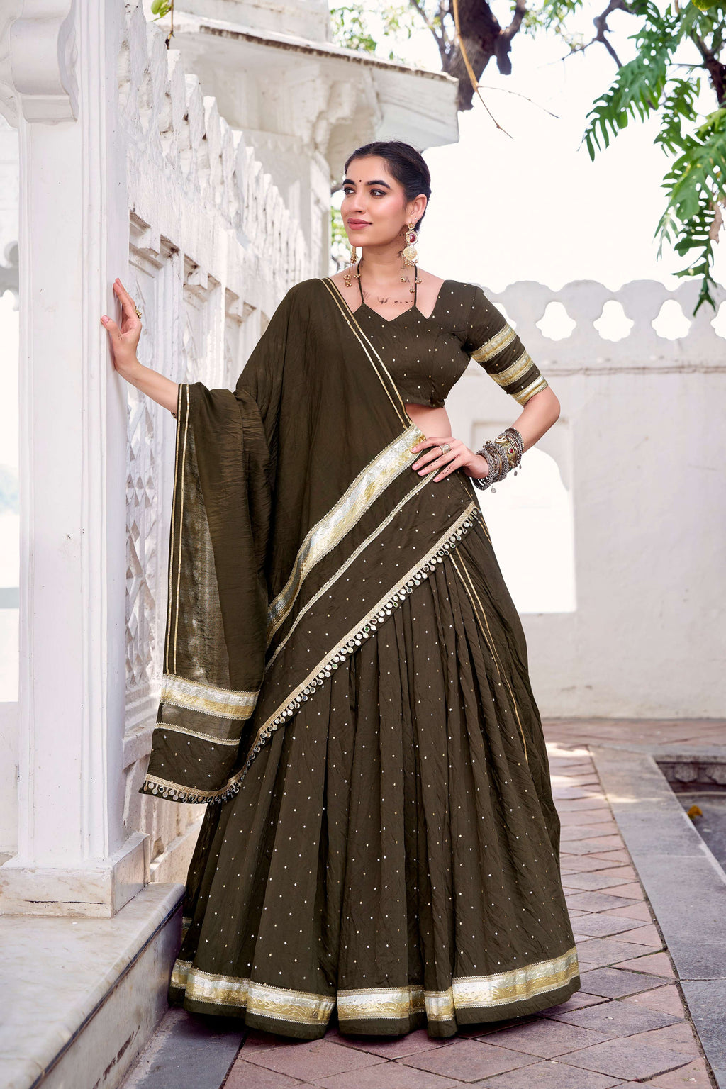 Lorenvalley Fashion Mahendi Pure Chanderi Zari Weaving Work With Embossed Design Lace Touch Up Lehenga Choli with Dupatta | Grocsy