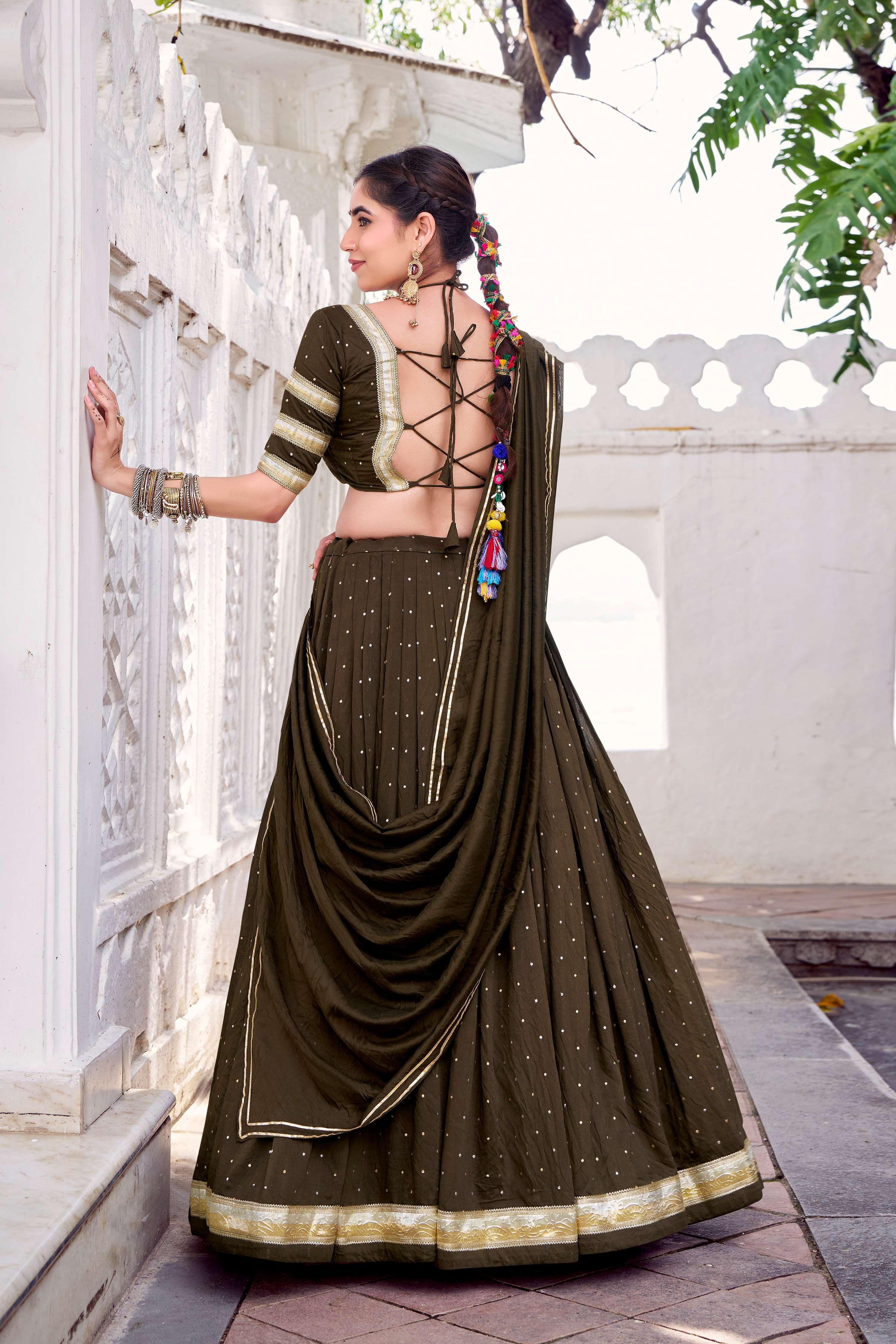 Lorenvalley Fashion Mahendi Pure Chanderi Zari Weaving Work With Embossed Design Lace Touch Up Lehenga Choli with Dupatta | Grocsy
