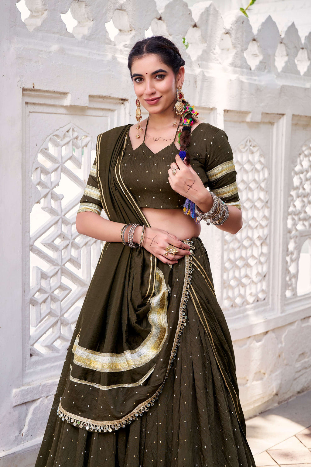 Lorenvalley Fashion Mahendi Pure Chanderi Zari Weaving Work With Embossed Design Lace Touch Up Lehenga Choli with Dupatta | Grocsy