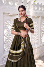 Lorenvalley Fashion Mahendi Pure Chanderi Zari Weaving Work With Embossed Design Lace Touch Up Lehenga Choli with Dupatta | Grocsy