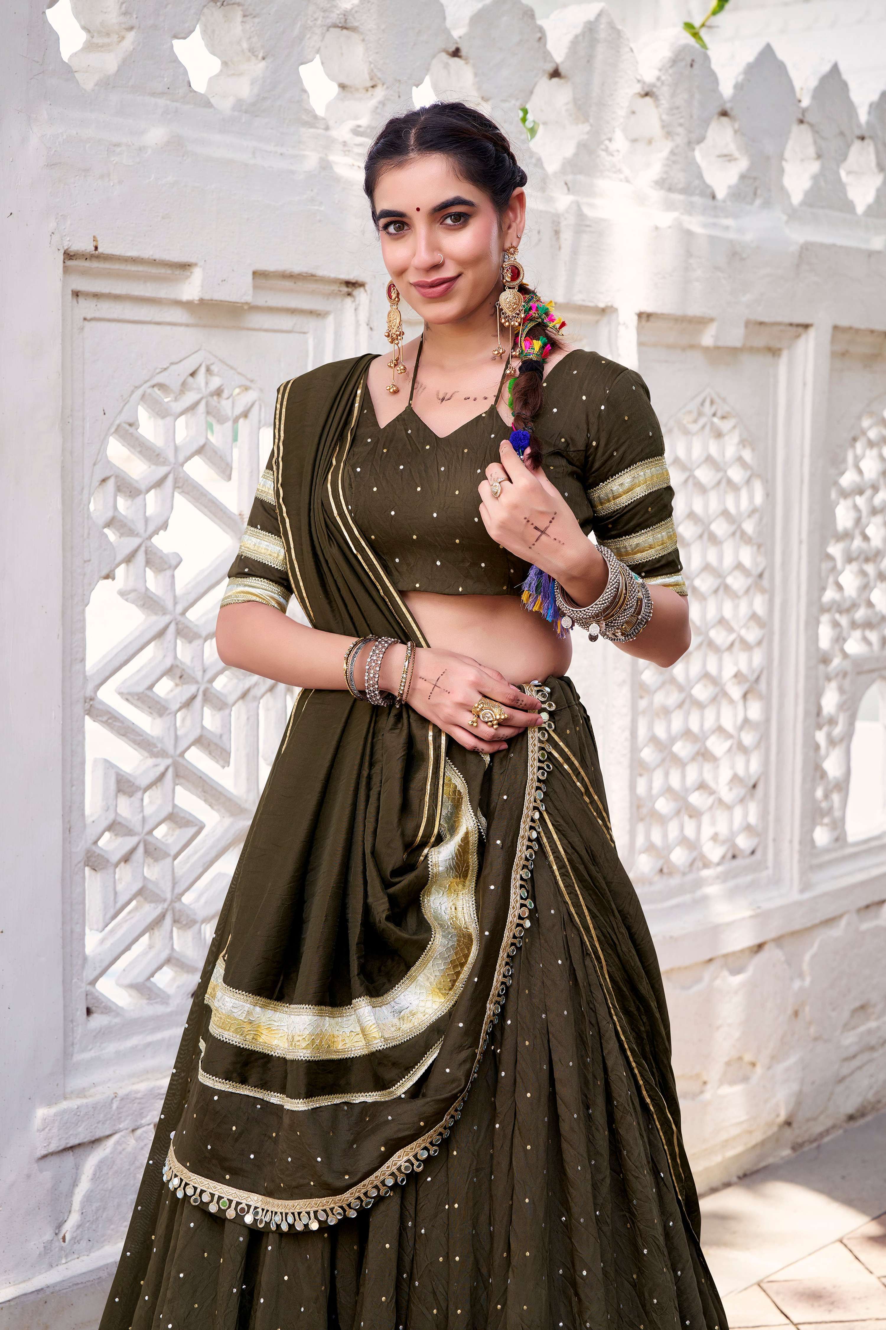 Lorenvalley Fashion Mahendi Pure Chanderi Zari Weaving Work With Embossed Design Lace Touch Up Lehenga Choli with Dupatta | Grocsy