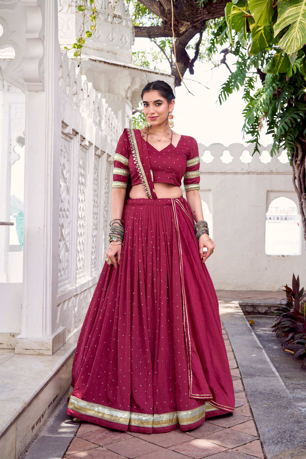 Lorenvalley Fashion Maroon Pure Chanderi Zari Weaving Work With Embossed Design Lace Touch Up Lehenga Choli with Dupatta | Grocsy