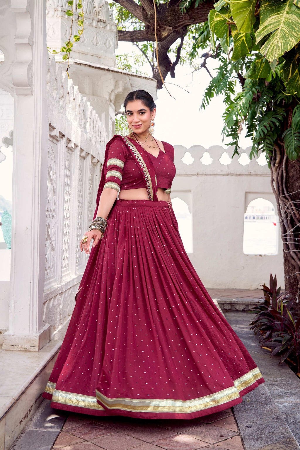 Lorenvalley Fashion Maroon Pure Chanderi Zari Weaving Work With Embossed Design Lace Touch Up Lehenga Choli with Dupatta | Grocsy
