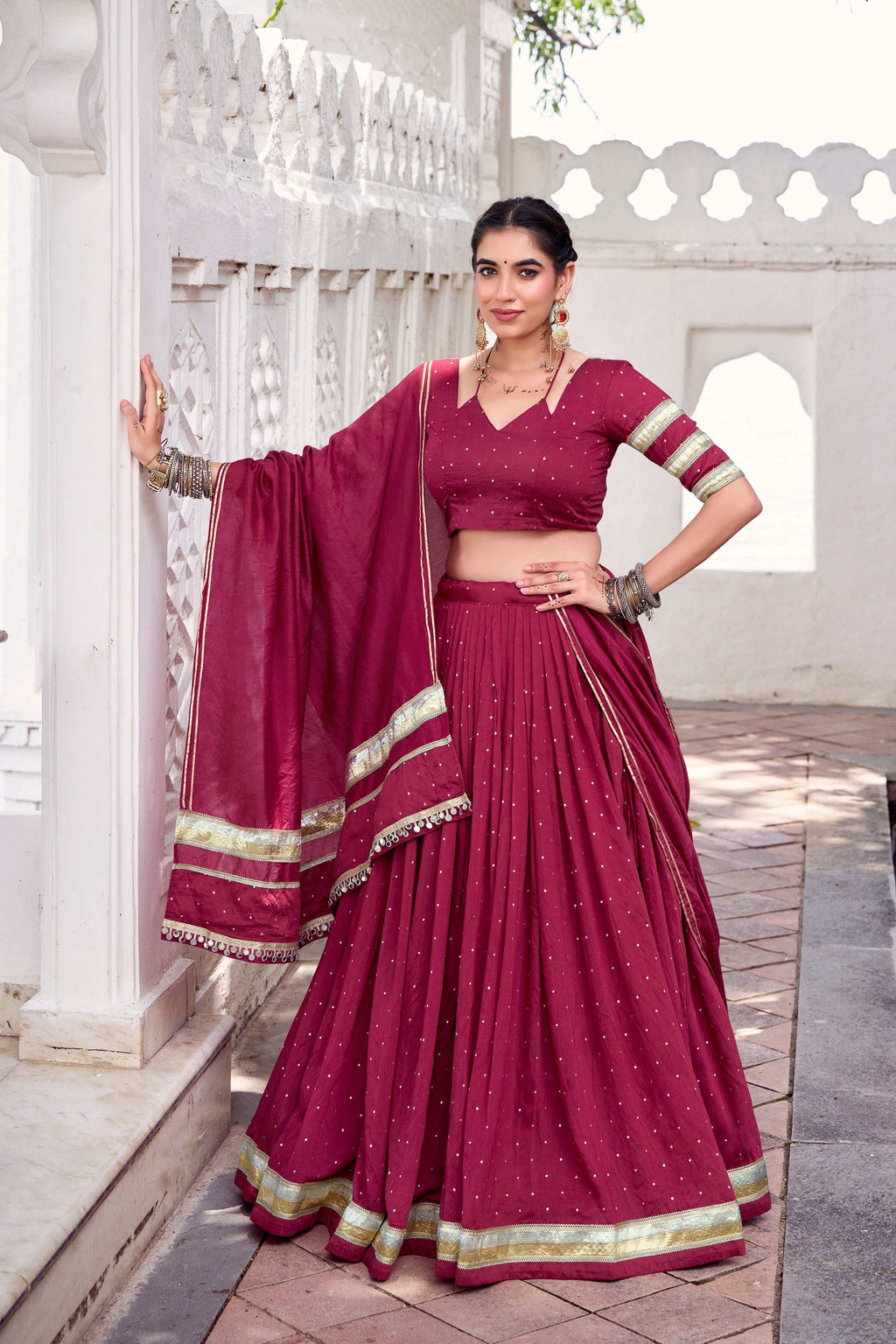 Lorenvalley Fashion Maroon Pure Chanderi Zari Weaving Work With Embossed Design Lace Touch Up Lehenga Choli with Dupatta | Grocsy
