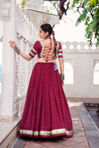 Lorenvalley Fashion Maroon Pure Chanderi Zari Weaving Work With Embossed Design Lace Touch Up Lehenga Choli with Dupatta | Grocsy