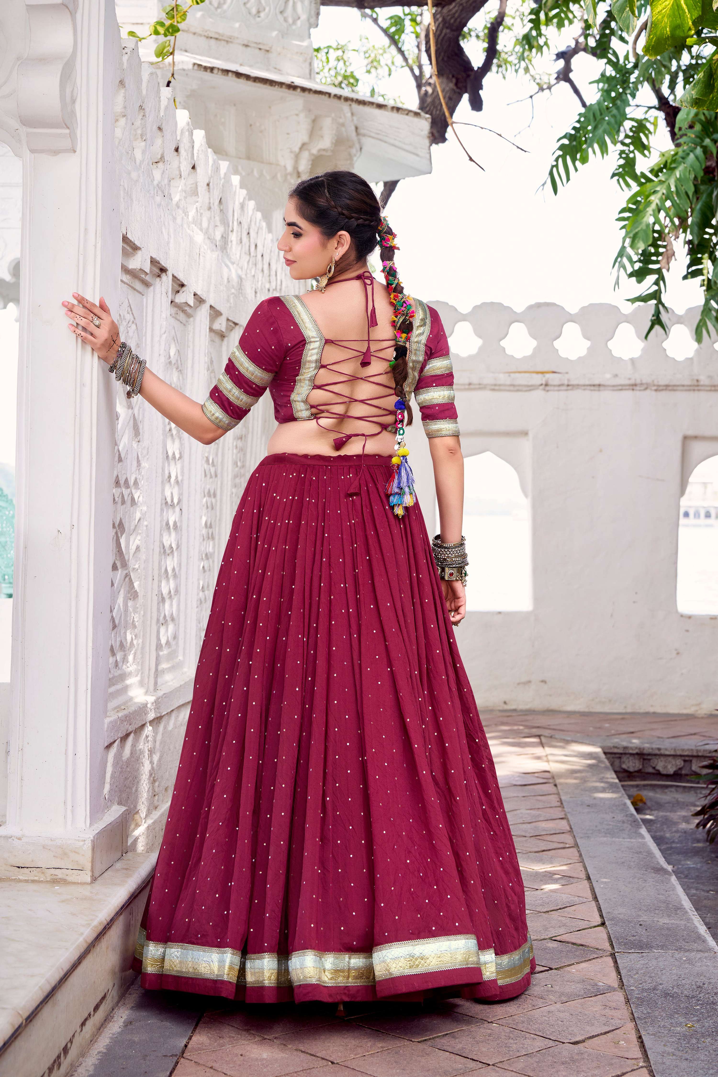 Lorenvalley Fashion Maroon Pure Chanderi Zari Weaving Work With Embossed Design Lace Touch Up Lehenga Choli with Dupatta | Grocsy
