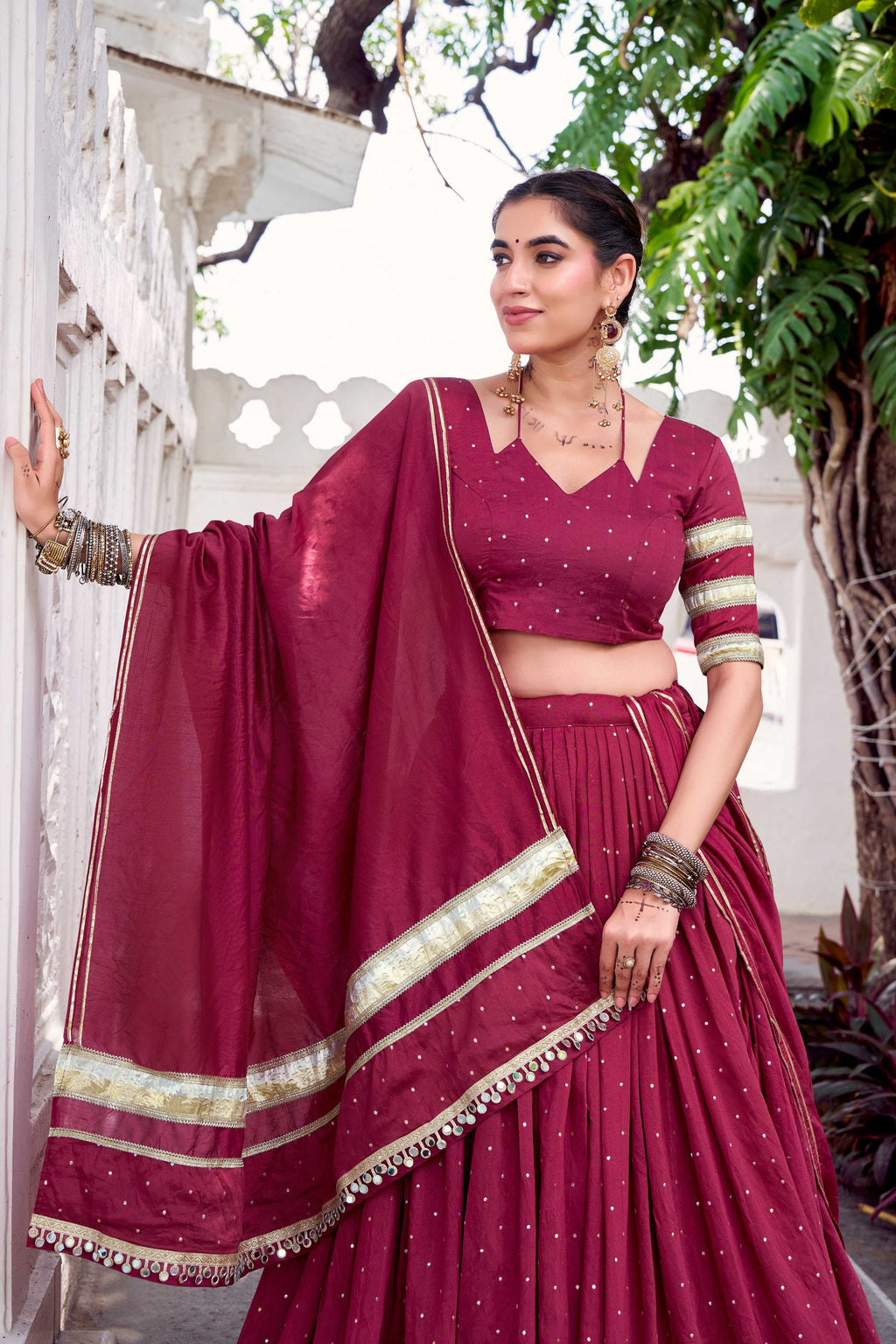 Lorenvalley Fashion Maroon Pure Chanderi Zari Weaving Work With Embossed Design Lace Touch Up Lehenga Choli with Dupatta | Grocsy