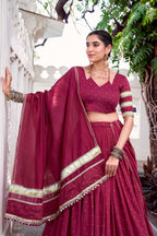 Lorenvalley Fashion Maroon Pure Chanderi Zari Weaving Work With Embossed Design Lace Touch Up Lehenga Choli with Dupatta | Grocsy