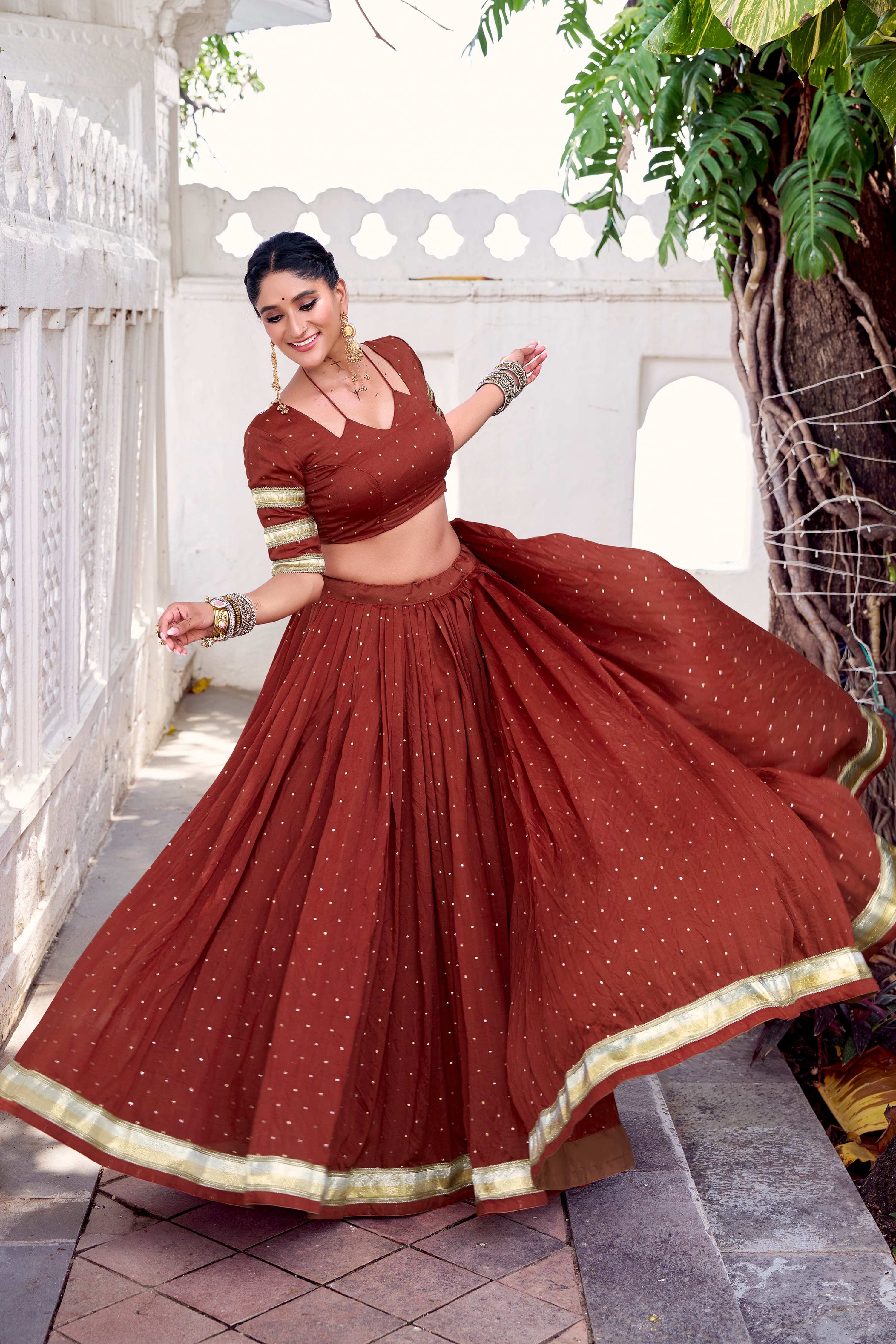 Lorenvalley Fashion Rosegold Pure Chanderi Zari Weaving Work With Embossed Design Lace Touch Up Lehenga Choli with Dupatta | Grocsy