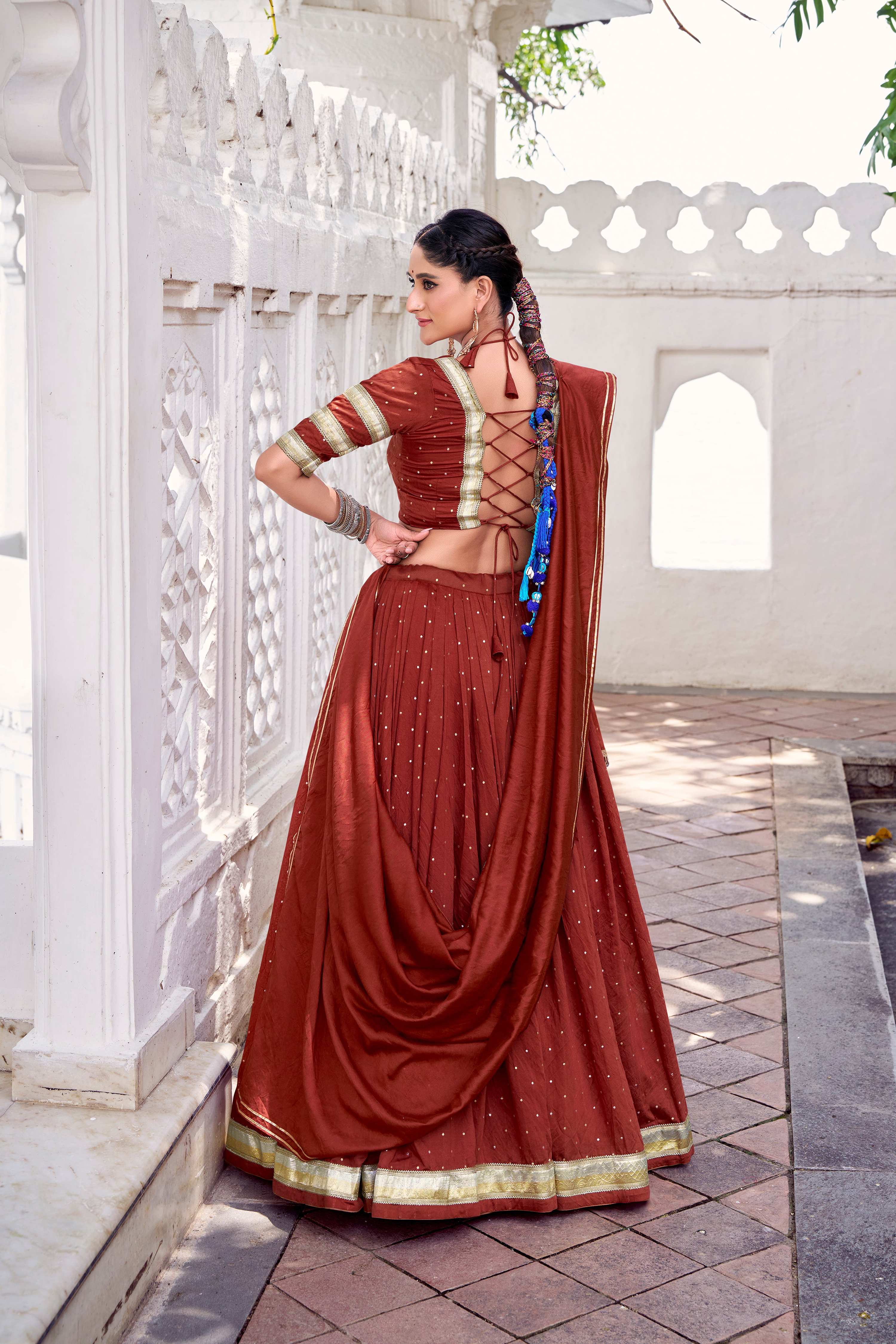 Lorenvalley Fashion Rosegold Pure Chanderi Zari Weaving Work With Embossed Design Lace Touch Up Lehenga Choli with Dupatta | Grocsy