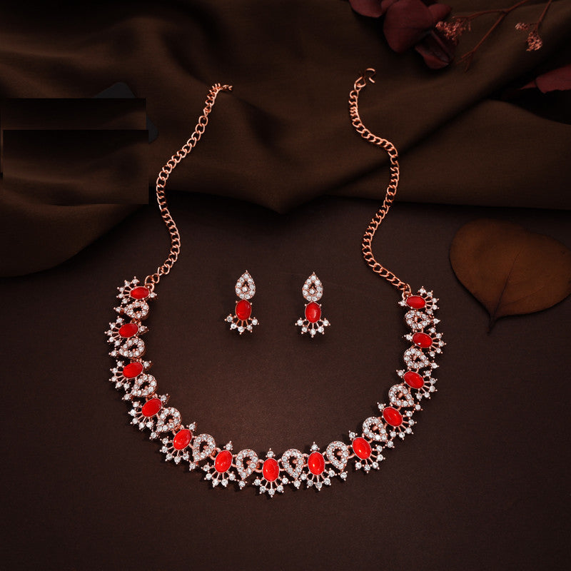 Tehzeeb Creations Red Colour Ad Studded Necklace Jewellery Set With Matching Earrings For Women And Girls | Grocsy