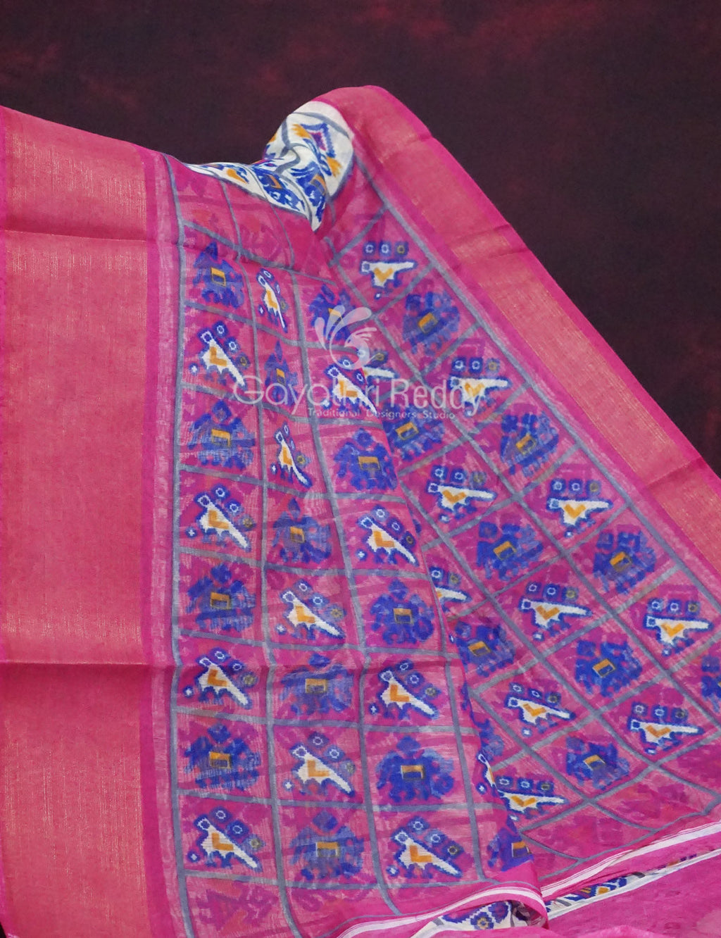 Shades of Cream Colour And Pink Blouse Patola Design Semi Chanderi Saree By Gayathri Reddy Designer Studio | Grocsy