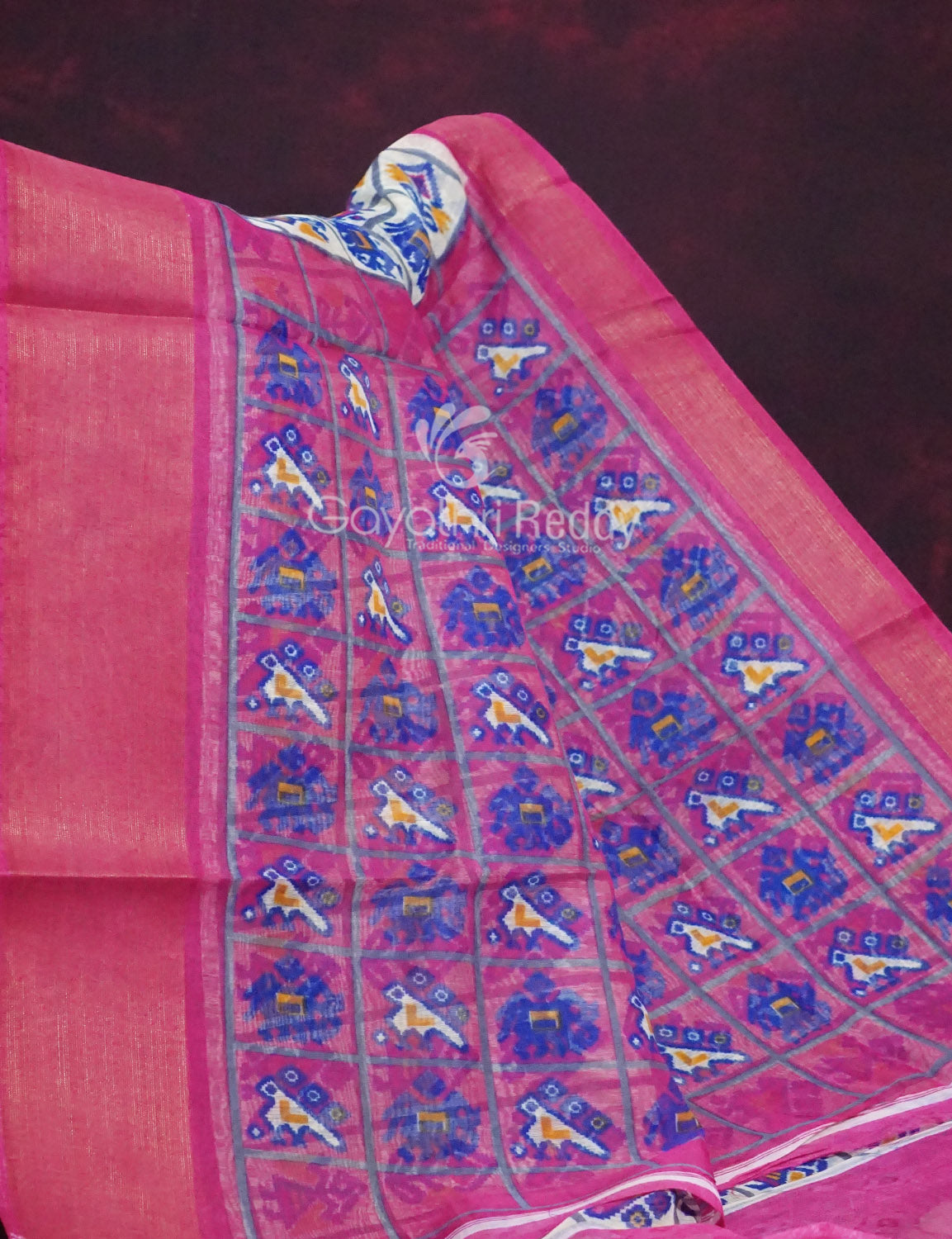 Shades of Cream Colour And Pink Blouse Patola Design Semi Chanderi Saree By Gayathri Reddy Designer Studio | Grocsy