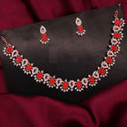 Tehzeeb Creations Red Colour Ad Studded Necklace Jewellery Set With Matching Earrings For Women And Girls | Grocsy