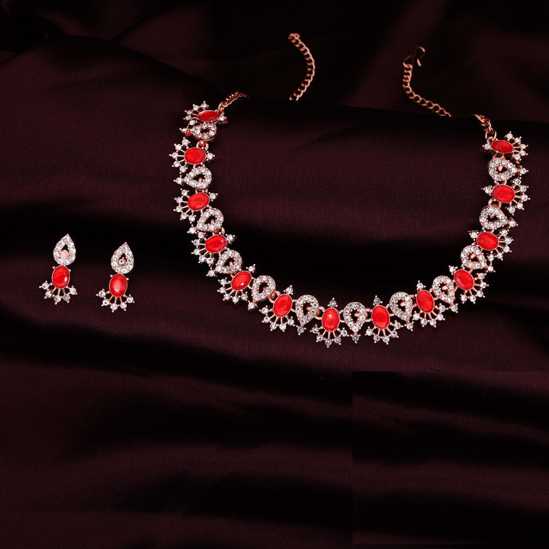 Tehzeeb Creations Red Colour Ad Studded Necklace Jewellery Set With Matching Earrings For Women And Girls | Grocsy
