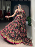 Lorenvalley Fashion Black Chiffon Floral Print and Foil Print with Embossed Design with Gotta Patti Lace Touch Up Lehenga Choli with Dupatta | Grocsy
