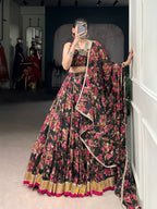 Lorenvalley Fashion Black Chiffon Floral Print and Foil Print with Embossed Design with Gotta Patti Lace Touch Up Lehenga Choli with Dupatta | Grocsy